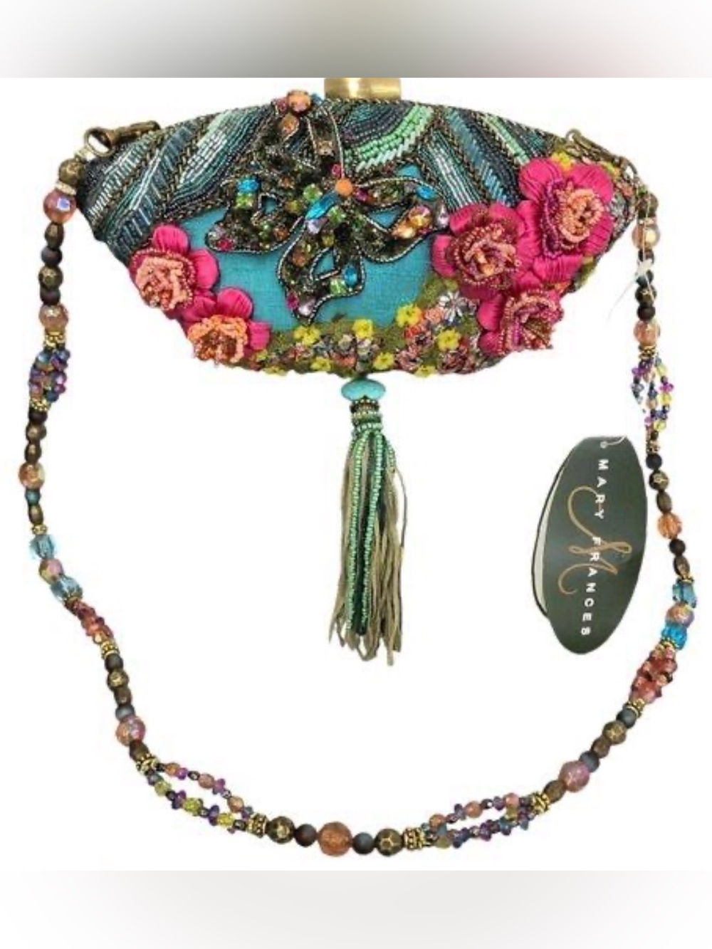 Vintage NWT Mary Frances Turquoise Pink Beaded Tea Garden Bag Purse Clutch